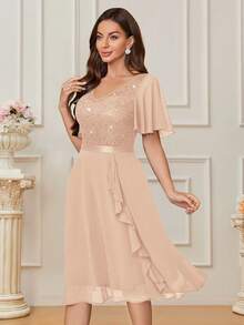 MIUSOL V-Neck Lace Sequin Insert Chiffon Ruffle Cocktail Party Swing Dress, Elegant Semi Formal Prom Dress, For Birthday, Wedding Guest, Graduation Homecoming - Rượu sâm banh - Xem 6