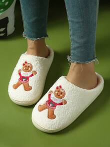 Pantuflas navideñas para mujer con diseño lindo de hombre de jengibre de dibujos animados, para fiestas y uso en casa en invierno - Blanco - Ver 3