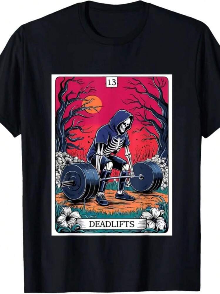 2025 Fun Tarot Deadlift Gym Exercise Gothic Printed Round Neck Men's Comfortable and Loose High-quality Lightweight T-shirt - Negro - Añade 1