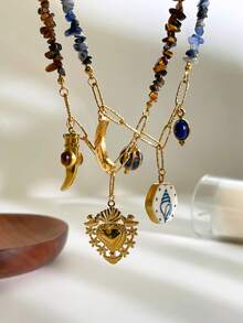 Monlansher Nouveau collier pour femme avec pendentifs multiples en perles de pierre, orné de cœurs, de lunes et d'hexagones. Un bijou polyvalent à porter au quotidien. - Doré - Voir 5