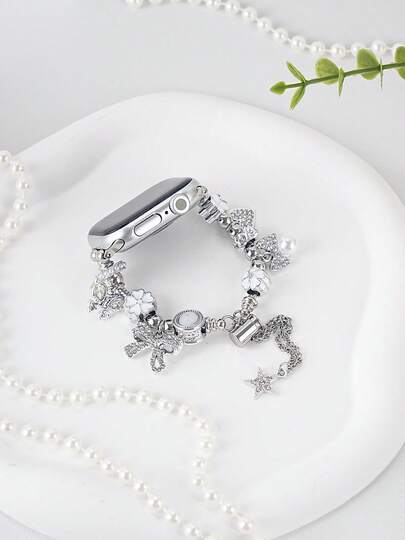 1 szt. Bransoletka z kokardą i kryształowym wisiorkiem w kształcie serca, damska/dziewczęca, na imprezy i do noszenia na co dzień, kompatybilna z 38/40/41/42/44/45/46/49 mm, metalowy pasek zamienny, pasuje do Series 11/10/9/8/7/SE/6/5/4/3/2/1, Ultra 1/2/3, najlepszy prezent dla dziewczyny i przyjaciółek (zegarek nie jest dołączony)