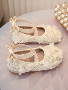1 Pair Girls' New Fashion Elegant Minimalist Pearl Lace Embroidered Chiffon Breathable Handmade Bow Decor Elastic Band Floral Trim Soft Flat Princess Shoes, Suitable For Dresses, Jeans, Home, Performance, Suitable For Spring, Summer, Autumn