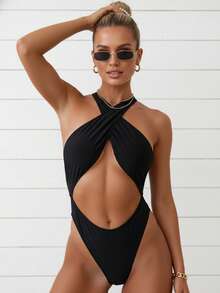 新款性感露背吊带连体泳衣，展现您的曼妙身姿，是夏季海滩度假女性的完美之选，优雅黑色 - 黑色 - 查看 4