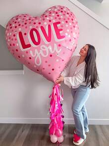 1pc - 63" Pink Polka Dot Heart Shaped "Love You" Foil Balloon - Huge Pink Heart Balloon & 18" Heart Shaped Balloons, For Birthday, Wedding, Valentine's Day Celebration, Proposal, Anniversary, Confession, Singles Party, Wedding Room Party, Romantic Decoration - Multicolor - View 1