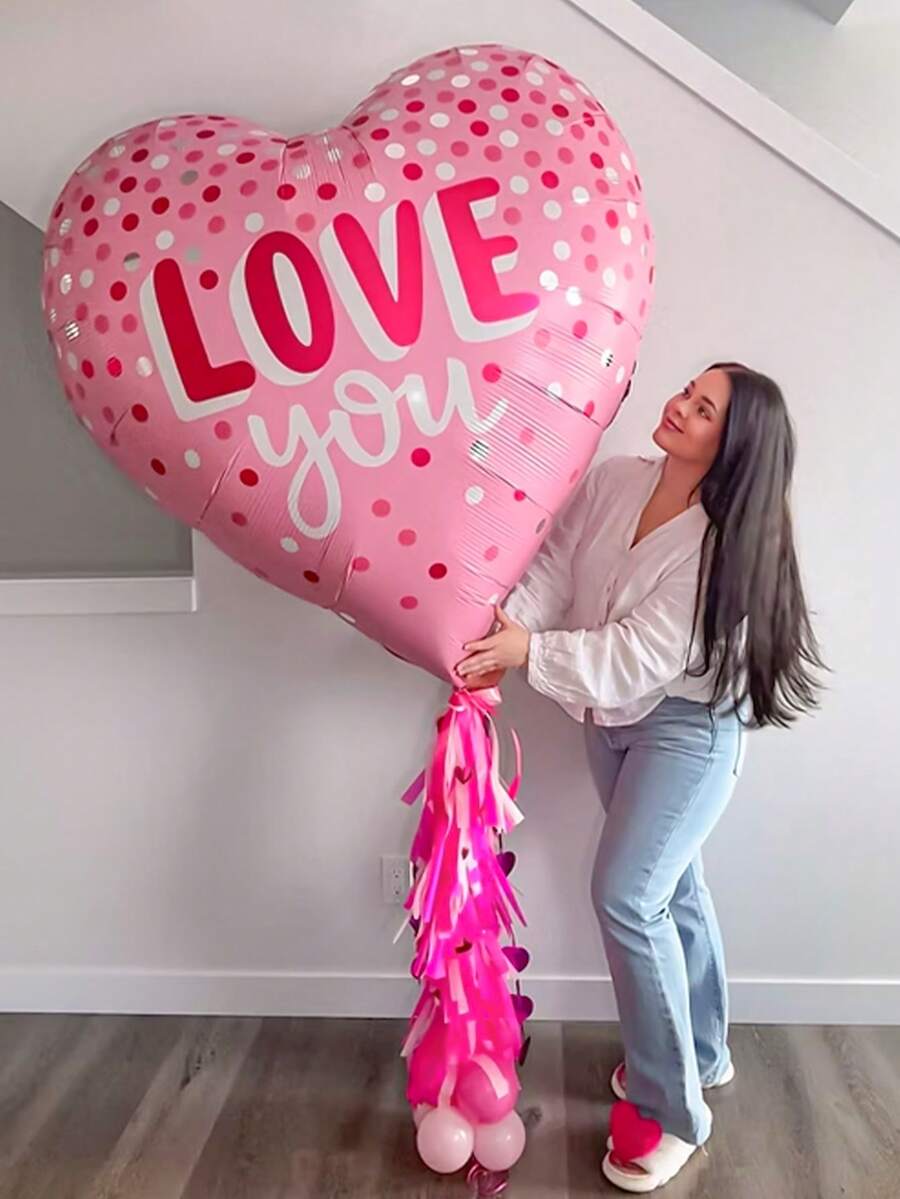 1pc - 63" Pink Polka Dot Heart Shaped "Love You" Foil Balloon - Huge Pink Heart Balloon & 18" Heart Shaped Balloons, For Birthday, Wedding, Valentine's Day Celebration, Proposal, Anniversary, Confession, Singles Party, Wedding Room Party, Romantic Decoration - Multicolor - View 1