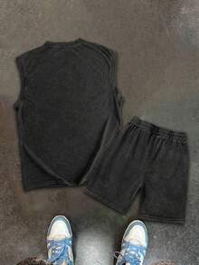 Men's Washed Vintage Letter & Figure Print Round Neck Tank Top And Shorts Set, Simple-Sport - Black - View 3