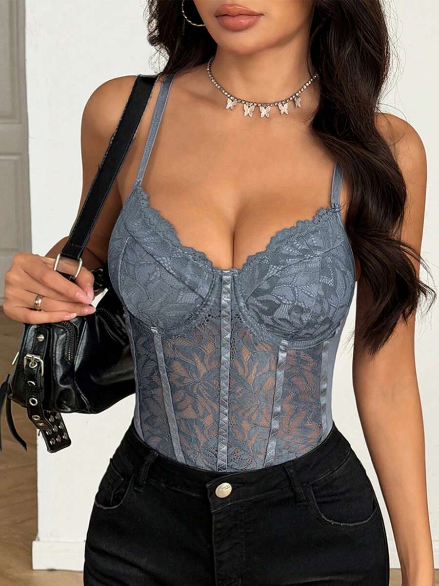 Bodysuit JSE Romantic dengan Hiasan Renda, Bodysuit Korset Tanpa Punggung Seksi Pas Badan - Dusty Blue - View 1