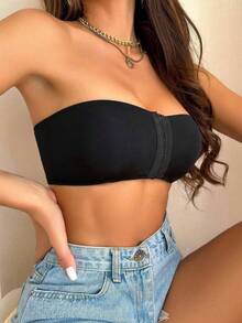 1PC Sexy Pure Desire Black Strapless Bandeau Bra For Women Front Closure Wireless Seamless Invisible Bra Wedding Dress Friendly Anti-Slip Comfortable Daily Home Party Date Travel Gift For Girlfriend Mom Daughter Friend Anniversary Present Limited Quantity Per Order - 黑色 - 查看 3