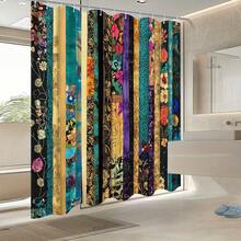 1pc High Quality Vintage Colorful Striped Floral Print Shower Curtain,100% Polyester,Machine Washable,Includes 12 Hooks,For Bathroom, Separate Wet And Dry Areas,Bathroom Decor And Accessories - 顏色5 - 查看 3