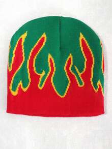 1pc Unisex Y2K Flame Jacquard Knit Beanie Hat, Warm Casual Personalized Knitted Cap Suitable For Autumn/Winter Outfits Men Winter Head