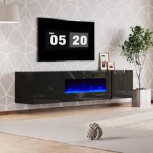 Floating Fireplace TV Stand, Wall Mounted Mirrored Entertainment Center With 40'' Electric Fireplace, Modern LED Lights Media Console For TVs Up To 90'', Stylish Floating TV Stand Furniture, All Black - màu đen - Xem 2