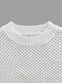 Women's Solid Color Hollow Round Neck Sweater, Casual Drop Shoulder Long Sleeve Pullover, Suitable For Spring, Autumn And Summer 2026, Women's Daily Knit Top - White - View 8