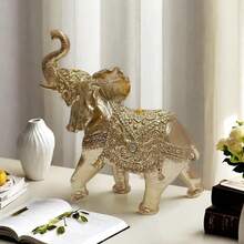 Figuras de elefante con diseño creativo de chal: decoración de animales de resina para escritorio, hogar, jardín y patio. Detalles exquisitos y apariencia vívida. Ideal para decoración de interiores, exteriores, estanterías y césped. - oro - Ver 1