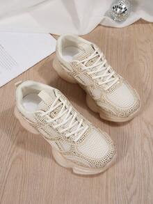 Women's Mesh Rhinestone Solid Color Lace-Up Jelly Sole Casual Sports Shoes - Beige - View 3