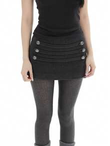 经典黑色羊毛混纺纽扣装饰A字迷你裙，休闲简约设计