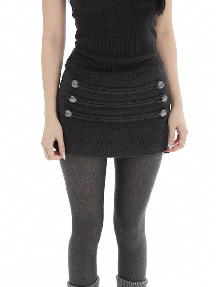 经典黑色羊毛混纺纽扣装饰A字迷你裙，休闲简约设计