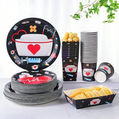 Medical Theme Party Disposable Plates, Cups, Popcorn Boxes, Food Boxes Set, Party Supplies, Suitable For 24 Guests, Disposable Paper Plate Party Tableware Set For Birthday, Wedding, Party, Family Picnic