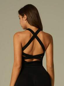 UONNOU 女士运动吊带背心，休闲紧身塑形。高弹塑形，无缝针织柔软面料，修身设计，适合运动和户外活动。 - 黑色 - 查看 2