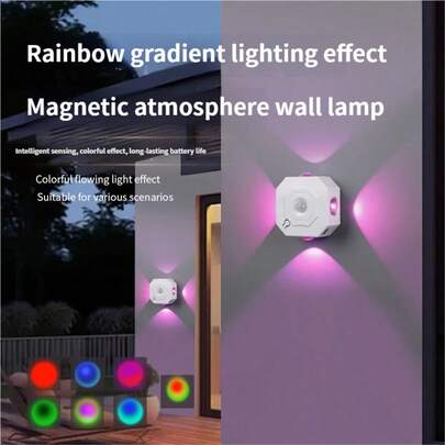 渐变灯光、RGB灯光、方形设计、人体感应磁性夜灯、可充电猫眼氛围灯、简约设计、无级调光、无需钻孔、易于安装、适用于室内氛围照明