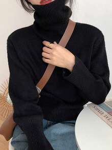 [Y6Y]Comfortable Black High Neck Knit Sweater, Long Sleeve Loose Fit, Suitable For Winter Daily Wear And Comfortable Layering - Black - View 3