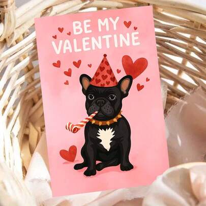 1pc Cute Valentine's Day Card With Envelope (11cm16cm & 4.33in6.29in) - "Be My Valentine" Design, Adorable French Bulldog Wearing Party Hat And Holding Candy, Perfect For Dog Lovers And Romantic Gestures, Playful Greeting Card | Love Card | Paper Card