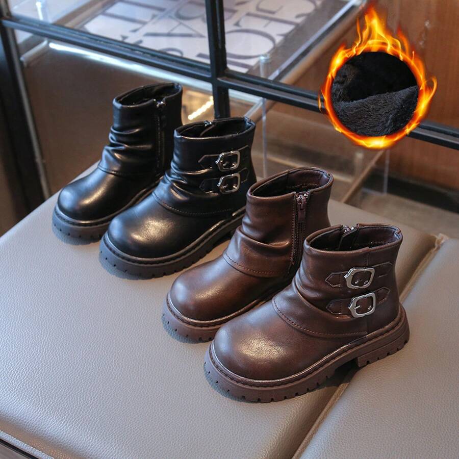 Stacked Boots For Women Winter New Thick-Soled Height-Increasing Round-Toe Buckle Retro Padded Versatile Simple Style  Boots - Coffee Brown - View 1