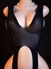 女士性感连体网袜 - 高腰交叉绑带设计，半透明黑色优雅性感套装，无胸垫，可手洗，适合私密场合、派对、休闲穿着 - 舒适贴合，高弹面料，高支撑力，即买即穿，精致特别系列，新颖单品 - 黑色 - 查看 4