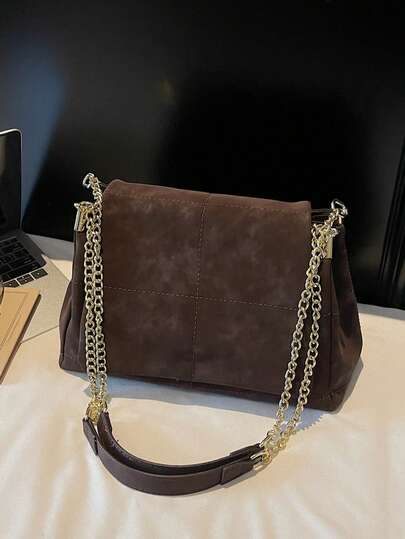 1件装女士新款秋冬编织链条麂皮单肩斜挎包，适合办公、通勤、购物、度假、旅行、日常使用和搭配服装