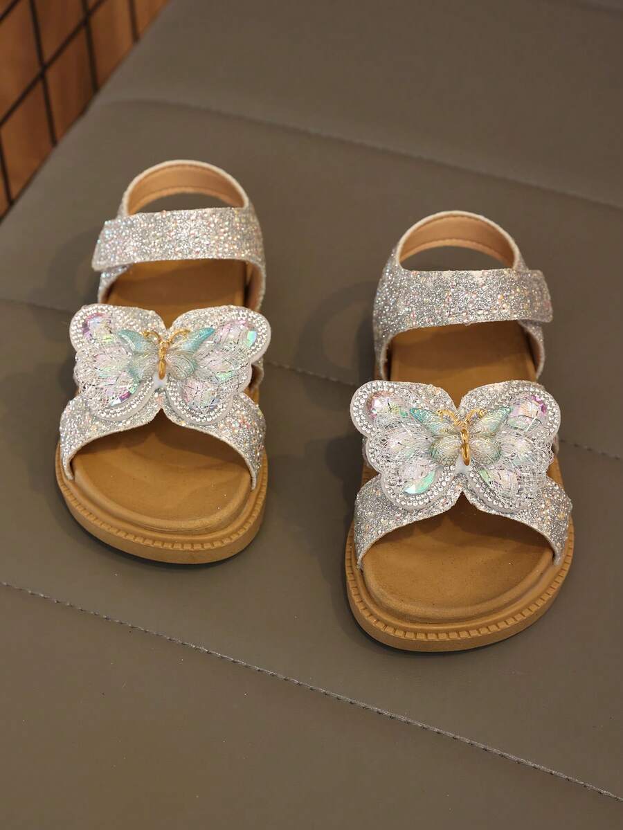 1双女童蝴蝶水钻凉鞋，时尚甜美风格，厚底防滑耐磨软底，适合派对、聚会、日常穿着 - 銀色 - 查看 1