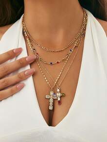 4pcs Vintage Fashionable Multi-Element Metal Cross Pendant Necklace, Layered Charm Necklace Set For Women - Yellow Gold - View 2