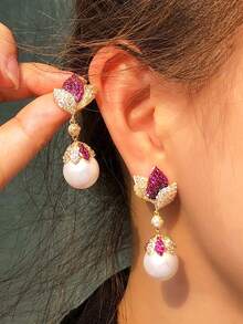 1 Pair Hot Pink CZ Flower & Leaf Long Drop Pearl Dangle Earrings, Gold Plated Cubic Zirconia Jewelry For Brides, Bridesmaids, Engagement Party, Prom, Women, Girlfriends, Wife Gift