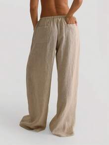 SOLTRB 新款亚麻休闲宽松阔腿裤，女士款，抽绳腰带设计，多口袋，适合海滩度假和日常穿着。 - 杏色 - 查看 7