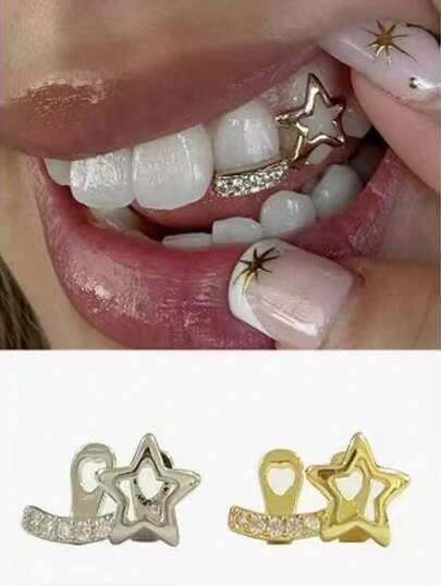 1pc Hollow Pentagram Zirconia Tooth Grillz, Unisex Fashionable Decorative Tooth Caps For Daily Wear