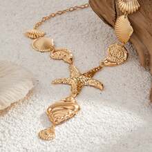 1pc Summer Ocean Vacation Style Women's Y-Shaped Necklaces, New Creative Bohemian Starfish, Seashells, Seashells And Other Marine Creatures Series Pendants, Collarbone Necklaces, Beach Vacation Holiday Gifts For Friends, The Best Gift And Perfe - 金黃色 - 查看 5