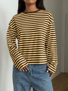 Women's Round Neck Drop Shoulder Long Sleeve Striped Contrast Ribbed Casual T-Shirt - Yellow-brown - View 5