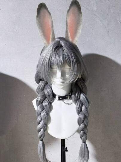 High-Quality Realistic Judy Silver Gray Double Strand Twisted Braid Wig, Suitable For Holidays, Cosplay, Costume Accessories, Couple Party Role Play Props, Party And Valentine's Day Decorations And Accessories