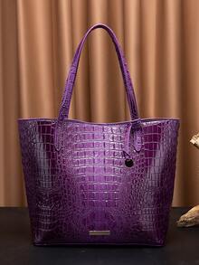 Women's Shoulder Bag European And American Style Crocodile Print Tote Bag Blue Large Capacity Commuter Tote Bag With Coin Purse Blue Crocodile Leather Tote Bag Large-Capacity Mother-In-Law Bag Fashionable And Versatile Handbag - Bold Plum - 查看 1