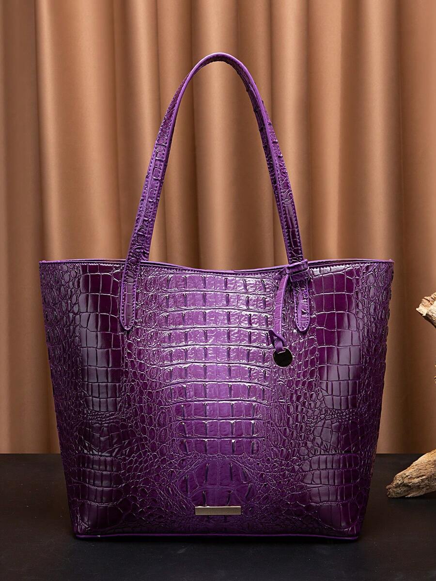 Women's Shoulder Bag European And American Style Crocodile Print Tote Bag Blue Large Capacity Commuter Tote Bag With Coin Purse Blue Crocodile Leather Tote Bag Large-Capacity Mother-In-Law Bag Fashionable And Versatile Handbag - Bold Plum - 查看 1
