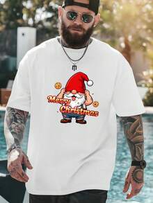 Men's Plus Size Oversized Christmas T-Shirt - Santa & Mrs Claus Graphic Print, Short Sleeve Loose Fit Casual Tee With Merry Christmas Lettering, Holiday Party Outfit (Beige/ Yellow) - Summer Weight For Big & Tall, PLUS SIZE - Black - View 11