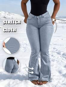 Womens Casual Long Denim Flare Leg Jeans With Button Pocket Zipper Detailing Medium Stretch Fabric For Everyday Wear - 藍色 - 查看 1