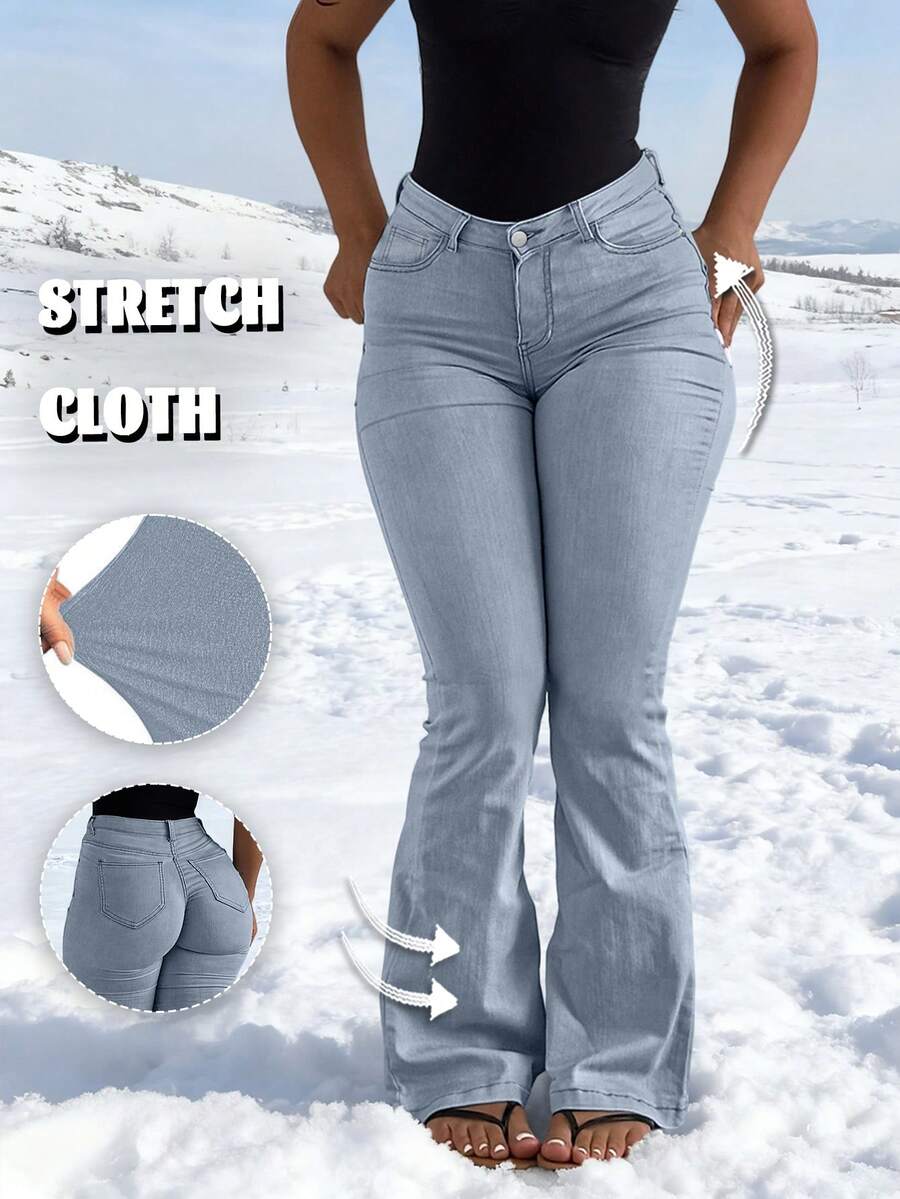 Womens Casual Long Denim Flare Leg Jeans With Button Pocket Zipper Detailing Medium Stretch Fabric For Everyday Wear - 藍色 - 查看 1