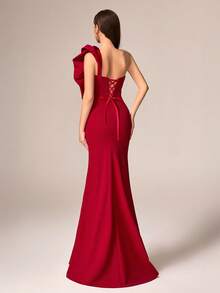 VIPGIRL Elegante e lussuoso abito da sera lungo e morbido di colore rosso, decorato con rose 3D e dettagli in paillettes, per donna - Bordò - Visualizzare 2