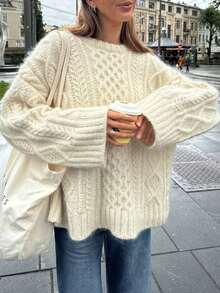 SEREN Autumn And Winter New Round Neck Apricot Women's Sweater Loose Ribbed Twisted Flower Fashion Knitted Sweater Hoodie, Top For Going Out - Apricot - View 5