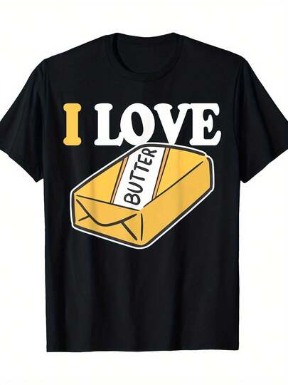 Camiseta gráfica negra para hombres "I Love Butter" - Cuello redondo casual, manga corta, ajuste regular, diseño de mariposa de dibujo animado, perfecta para atuendo casual, camisa de mantequilla