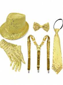 D EXCEED 2/3/4/5 Pcs Disco 3 Pieces Set Sequin Beret Hat Set. 70s Retro Glitter Accessories Including Sequin Beret Hat, Bow Tie And Suspenders. - Multicolor - View 8