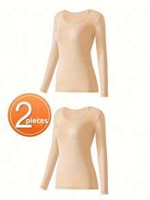 2pcs Ultra-Warm Underwear, High-Elasticity Soft Comfortable Long Sleeve Top, Women'S Lingerie And Sleepwear - 淺米色+淺米色 - 查看 11
