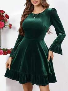 Elegant Velvet A-Line Mini Dress With Ruffle Hem, Long Sleeve, Round Neck, Suitable For Party Occasions - Green - View 4