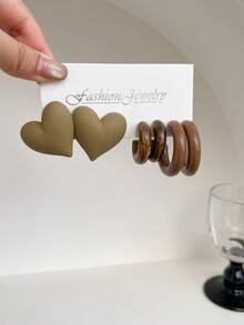 1 Set Of 3 Pairs Fashionable Heart Shaped Stud Earrings, Blue Transparent AB Color Hoop Earrings Set - Pink - View 9