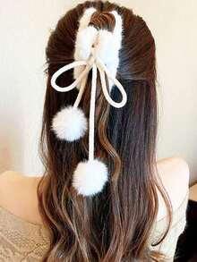 Autumn & Winter Traditional Style Tassel Pom-Pom Pendant Plush Claw Clip - A Hair Accessory For Girls, Suitable For High Ponytails & Updos At The Back Of The Head - trắng - Xem 5