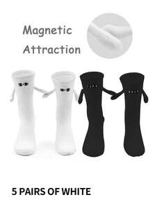 1/2/4/5/10 Pairs Women Black & White Magnetic Couple Socks, Cute Stick-Together Automatic Foot Holding Mid-Calf Socks, Spring/Autumn - Black and White - View 30